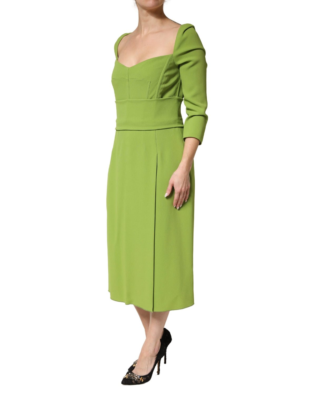 Dolce & Gabbana Green Silk Sweetheart Neckline Midi Dress