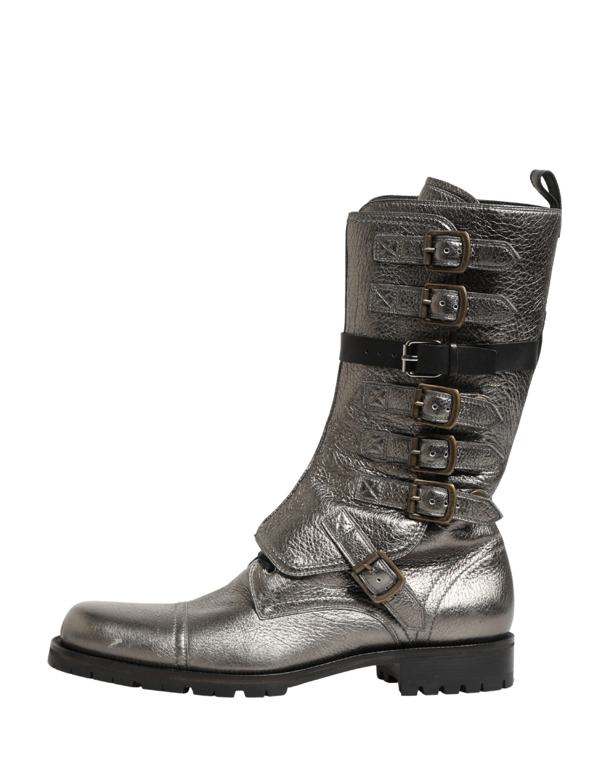 Dolce & Gabbana Metallic Leather Buckle Combat Boots Shoes