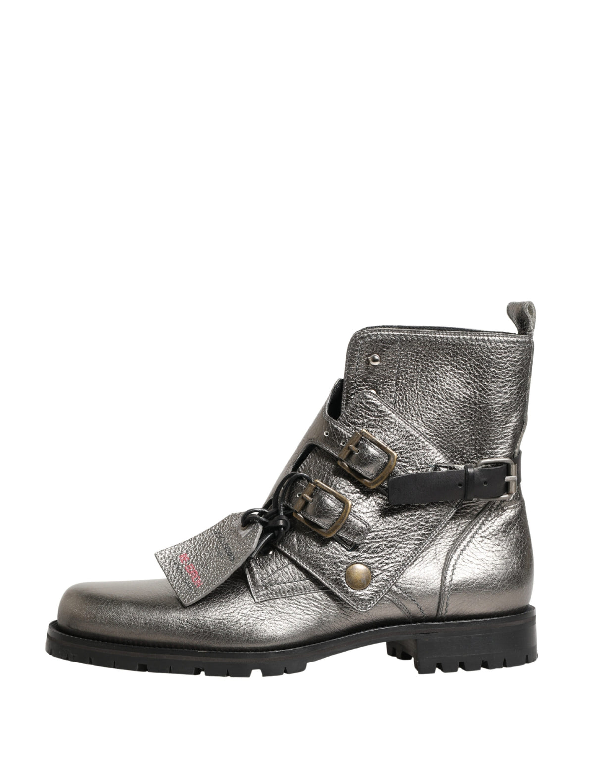 Dolce & Gabbana Metallic Silver Leather Buckle Ankle Boots Shoes