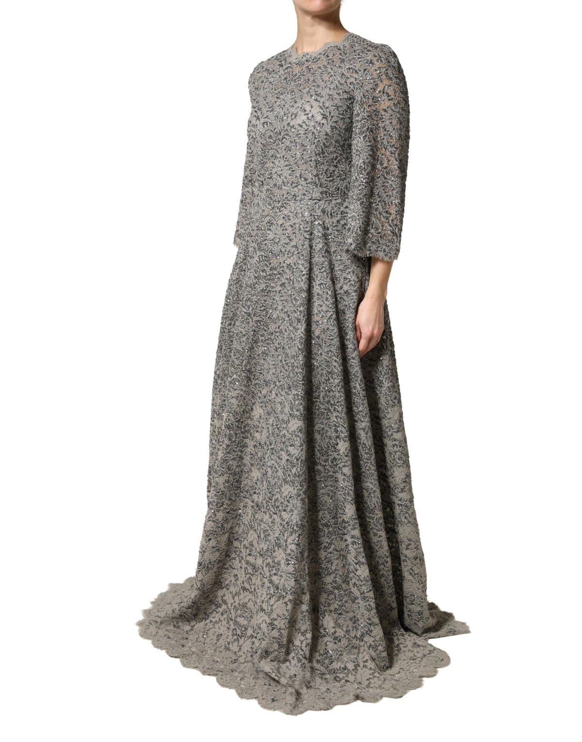 Dolce & Gabbana Gray Lace Long Sleeves Cotton Maxi Dress