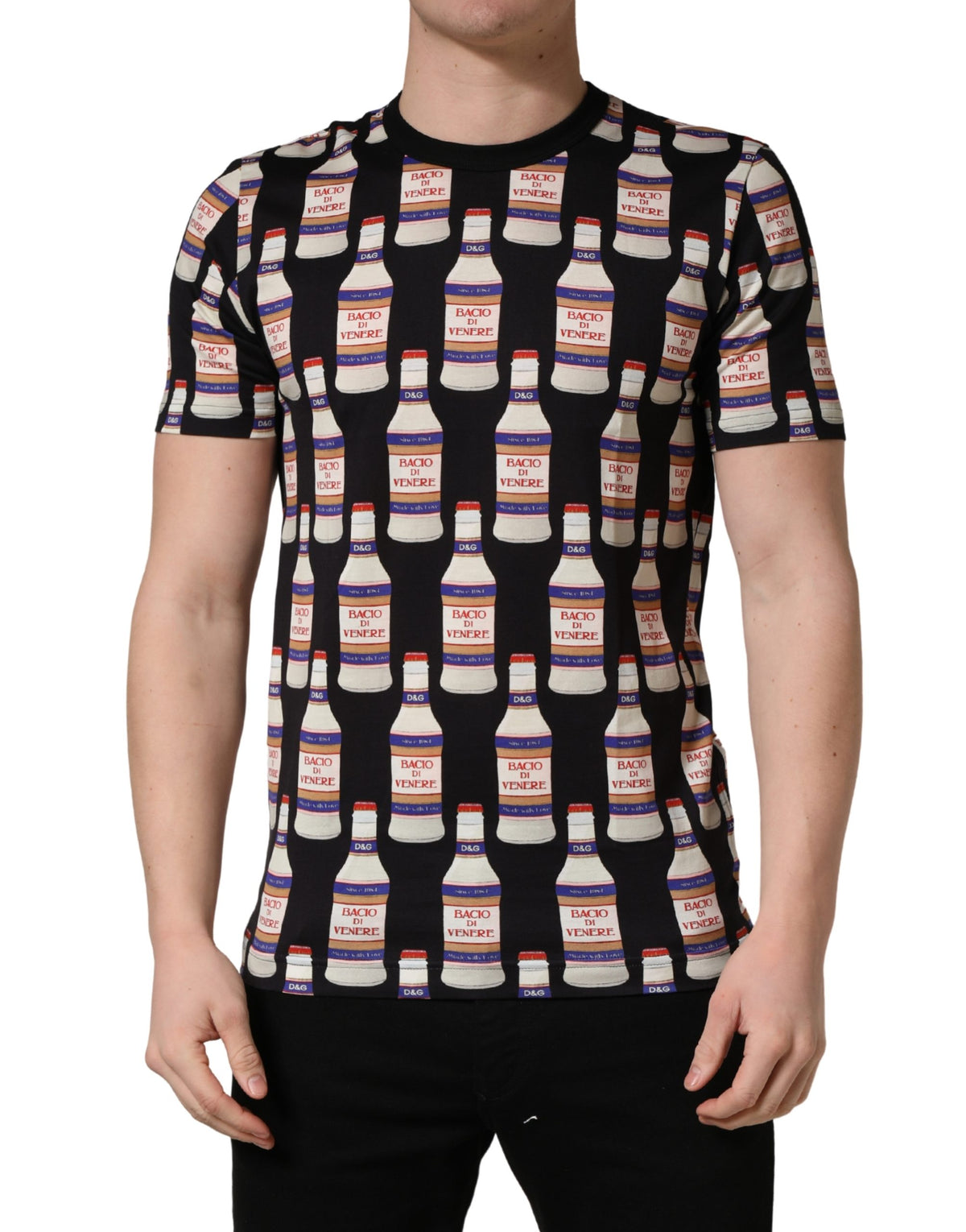 Dolce & Gabbana Black Bottle Print Cotton Crew Neck T-shirt