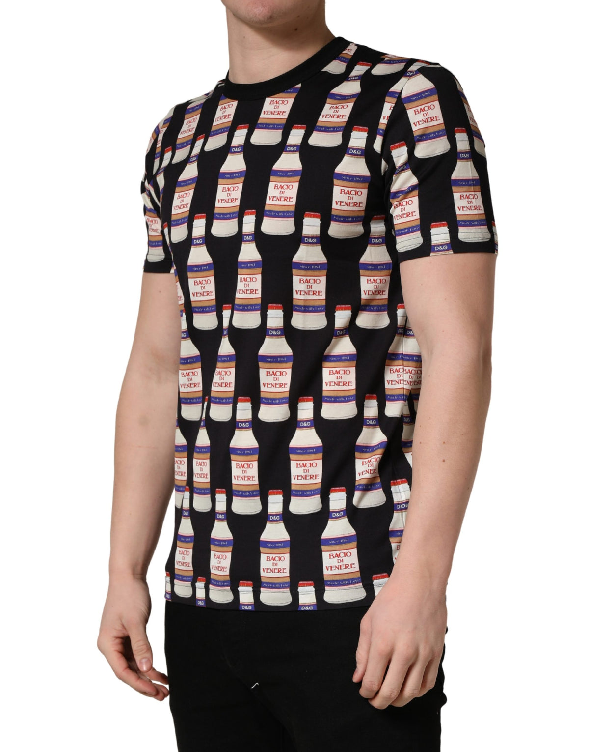 Dolce & Gabbana Black Bottle Print Cotton Crew Neck T-shirt