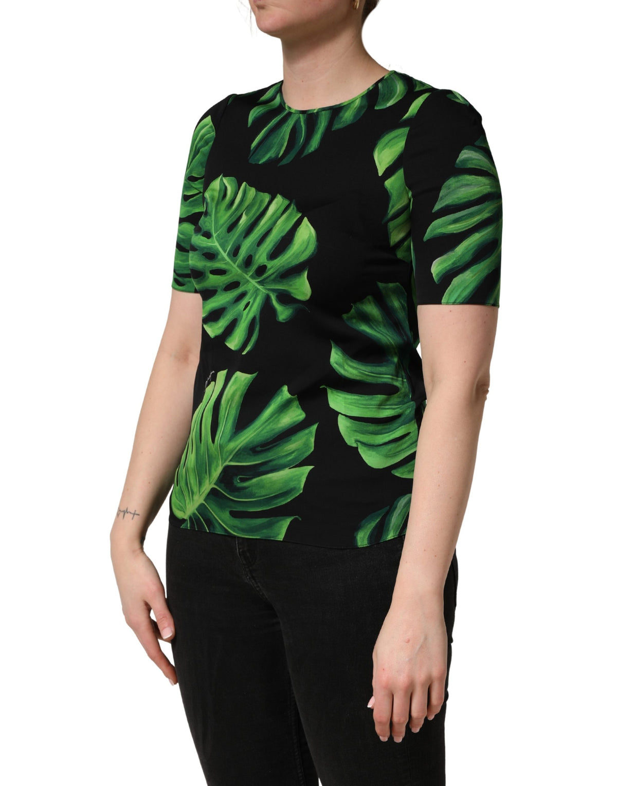 Dolce & Gabbana Black Philodendron Print Silk Blouse Top