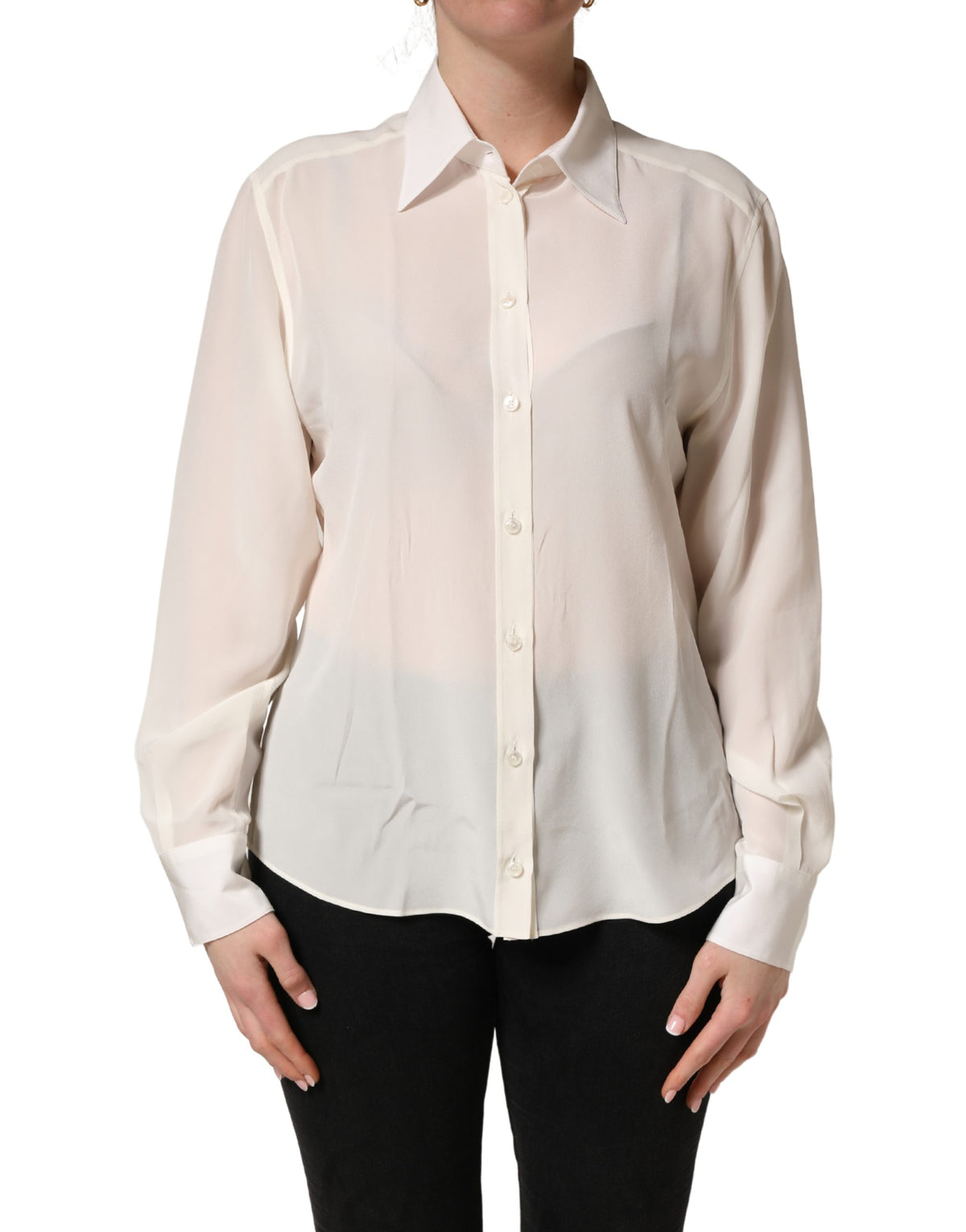 Dolce & Gabbana Off White Collared Long Sleeves Blouse Top