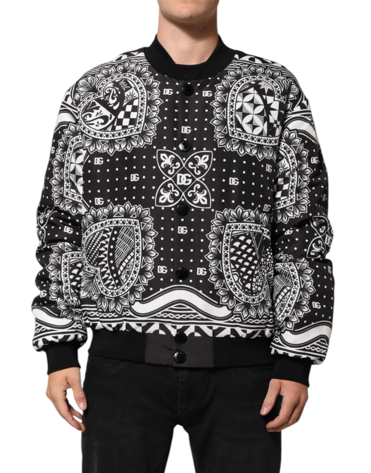 Dolce & Gabbana Black White BandanaPrint Men Bomber Jacket