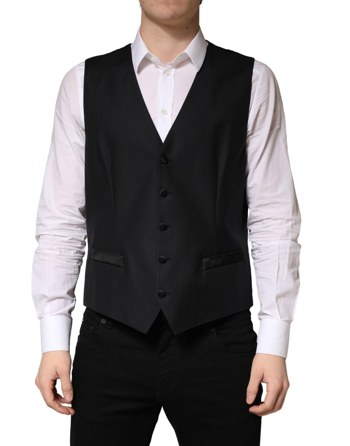 Dolce & Gabbana Black Wool Single Breasted Men Waistcoat Vest