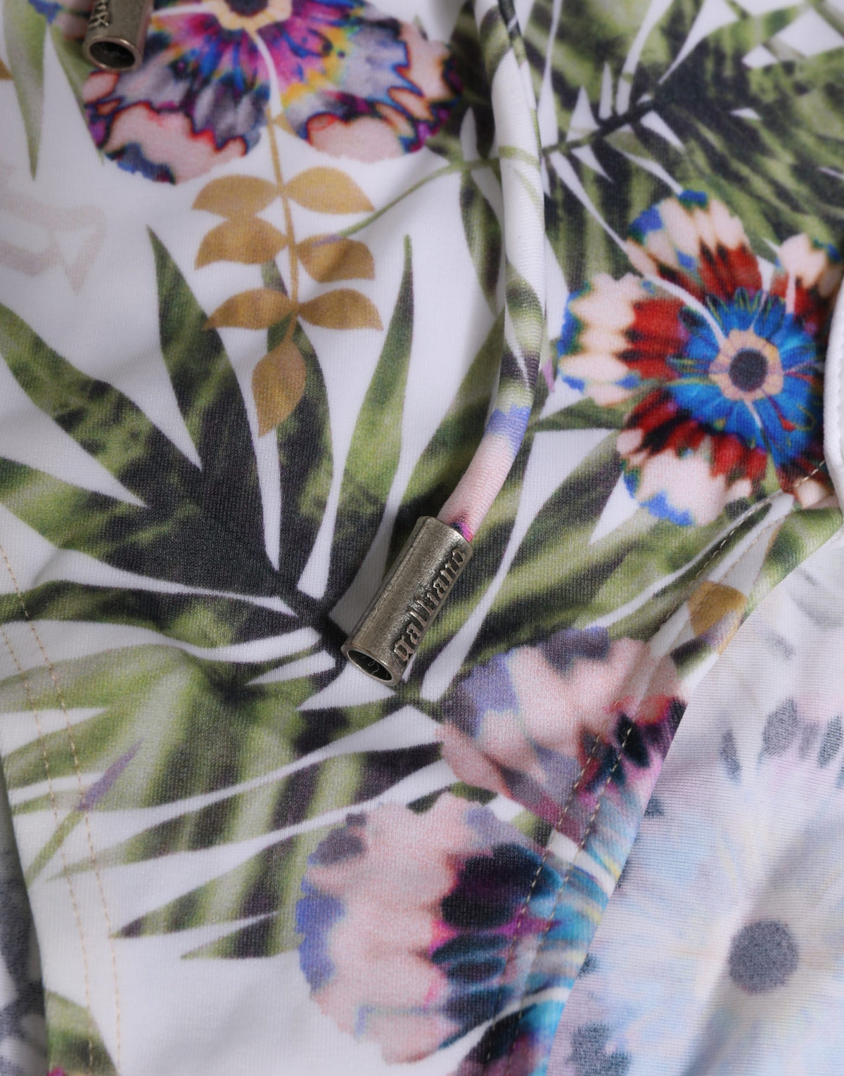 John Galliano White Floral Print Strapless One-Piece Swimsuit Swimwear