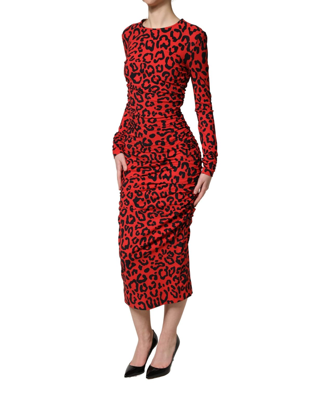 Dolce & Gabbana Red Leopard Print Long Sleeves Midi Dress