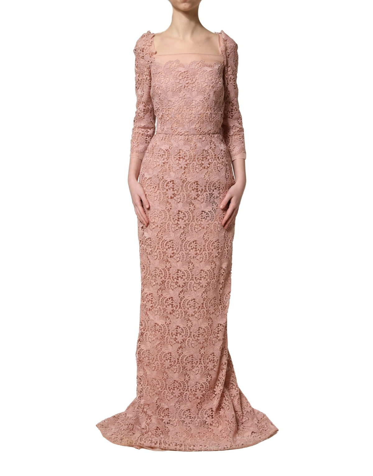 Dolce & Gabbana Pink Lace Long-Sleeved Evening Gown Dress