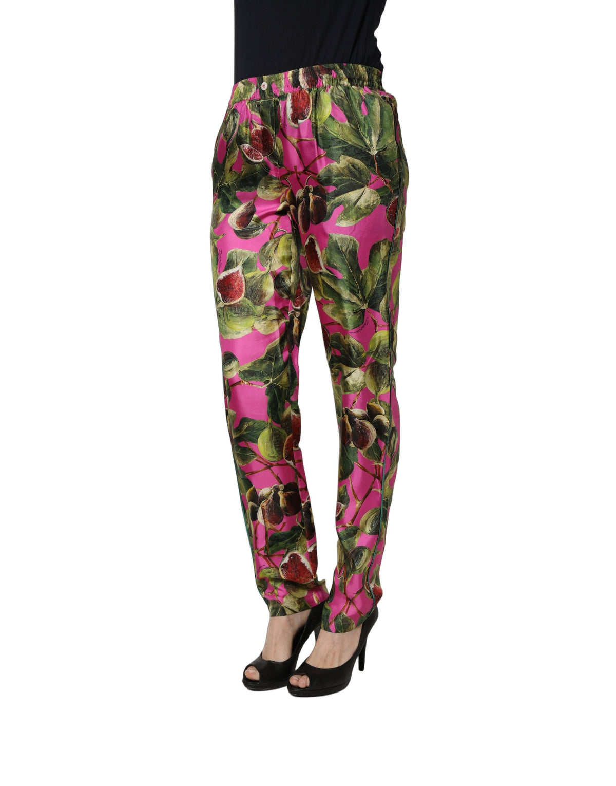 Dolce & Gabbana Fuchsia Fig Fruit Leaf Tapered Trouser Pants