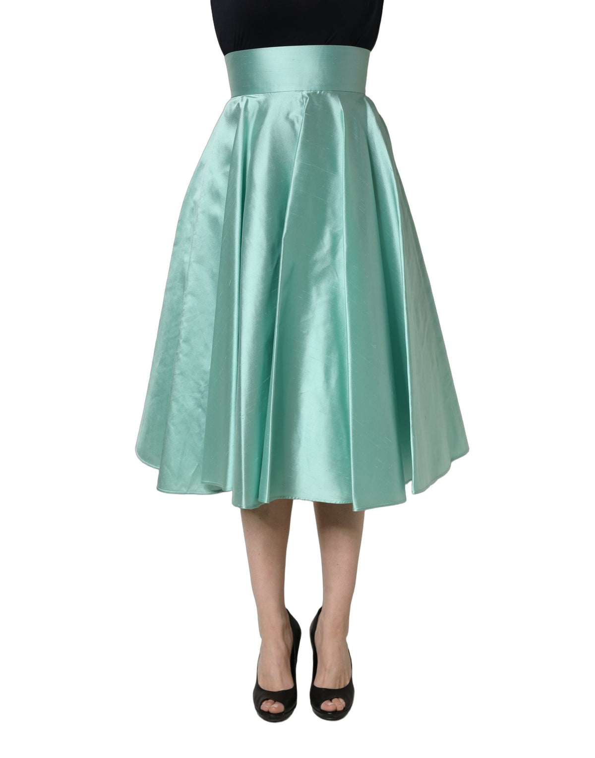 Dolce & Gabbana Green Satin High-Waisted Pleated A-line Midi Skirt