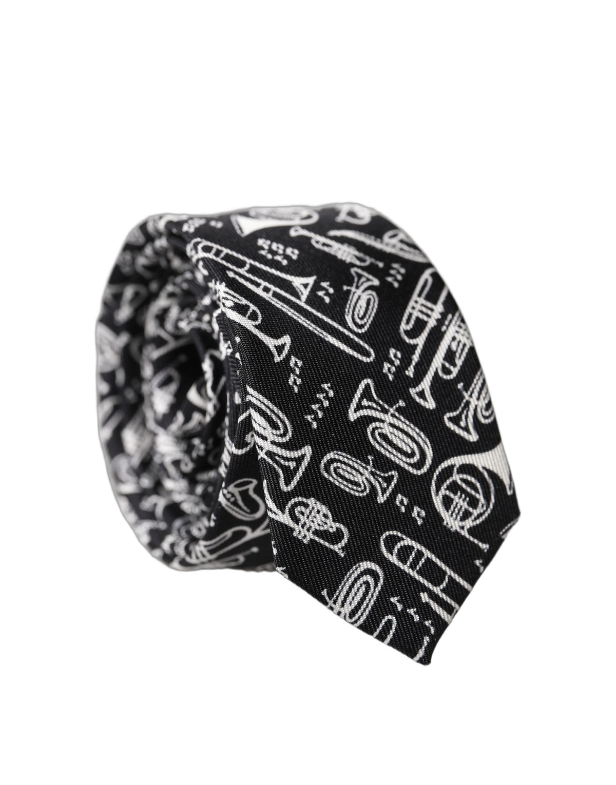 Dolce & Gabbana Black Trumpet Print Silk Adjustable Men Tied Necktie Tie