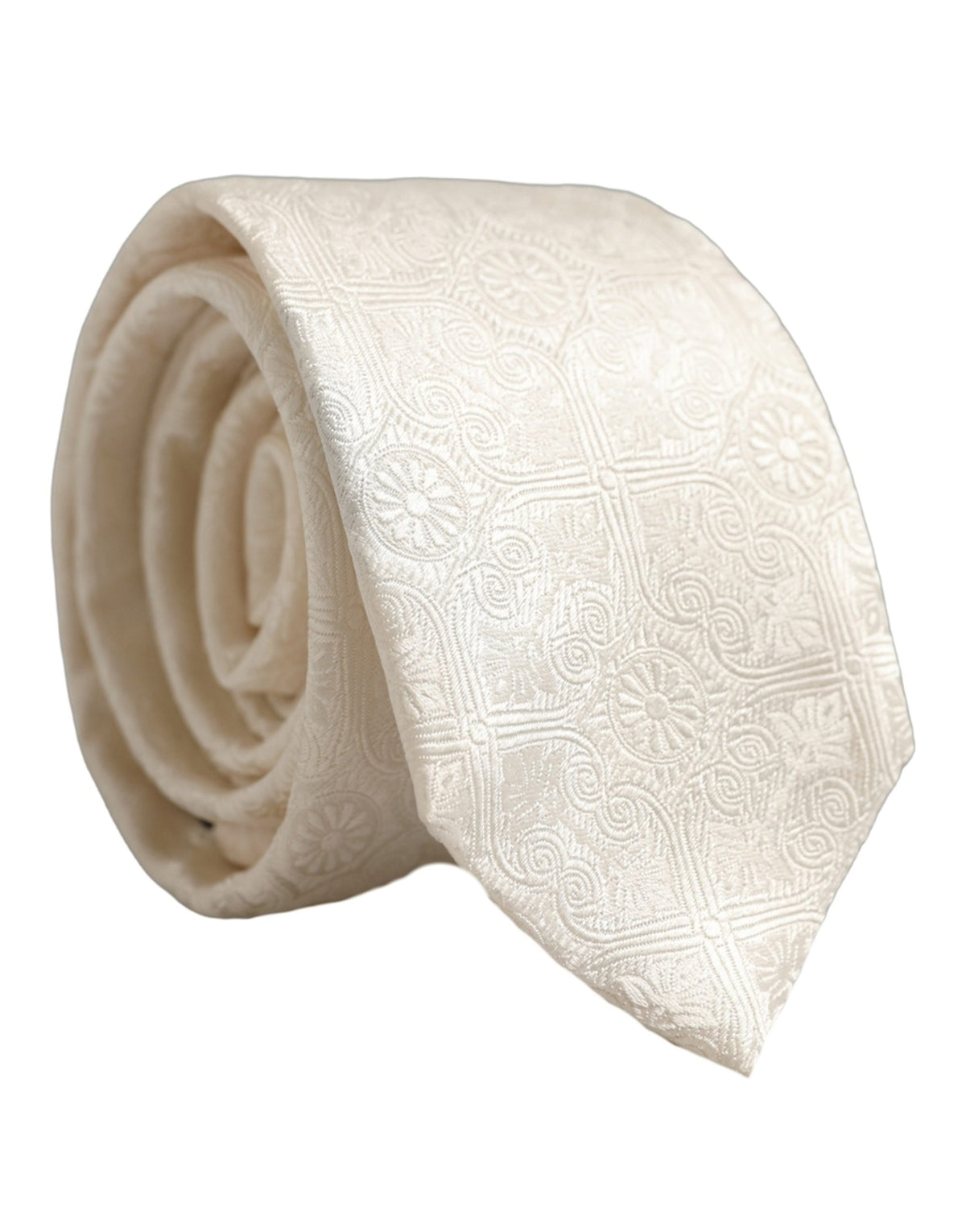 Dolce & Gabbana Off White Silk Damask Woven Adjustable Tied Necktie Tie