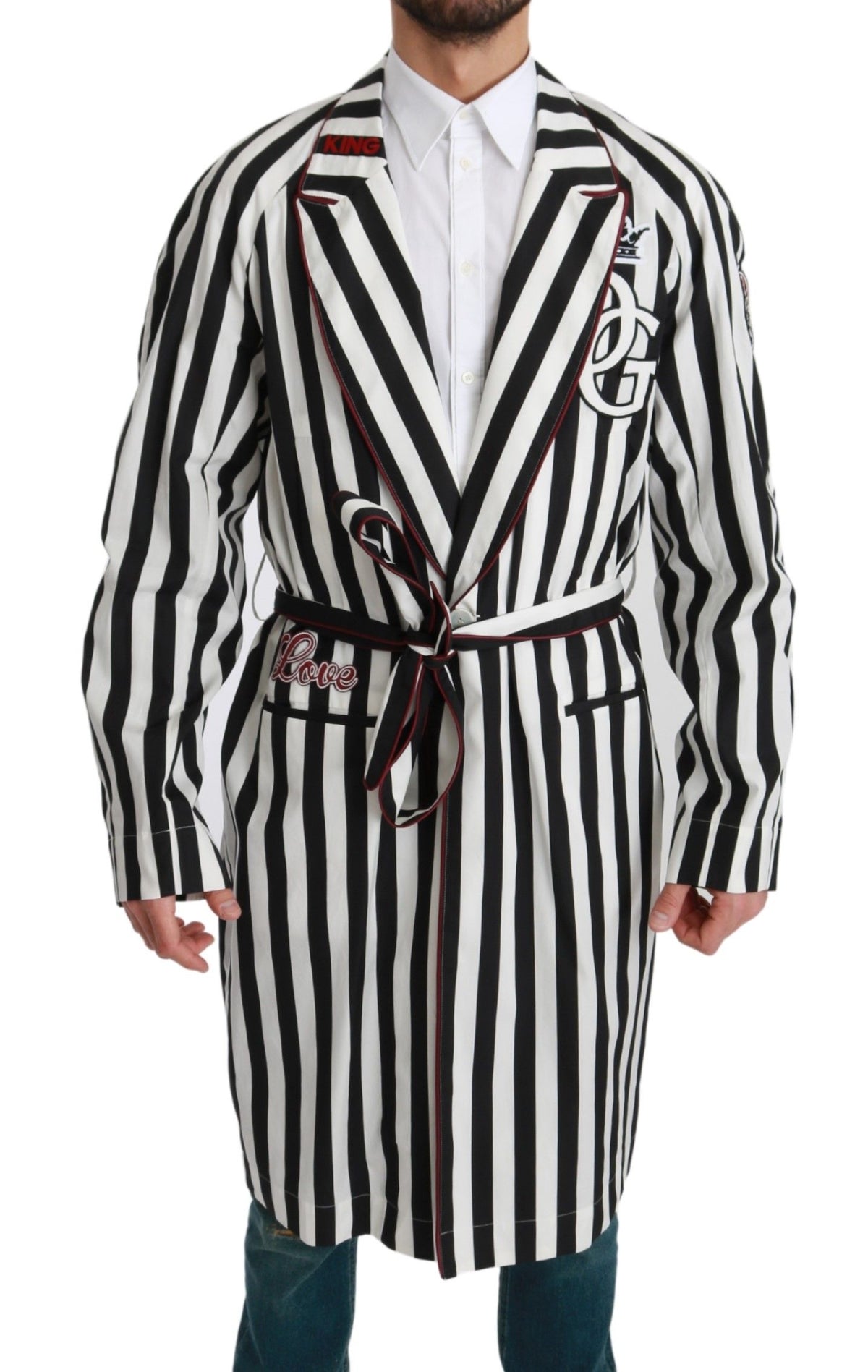 Dolce & Gabbana Black Coat Nightgown White Cotton Robe