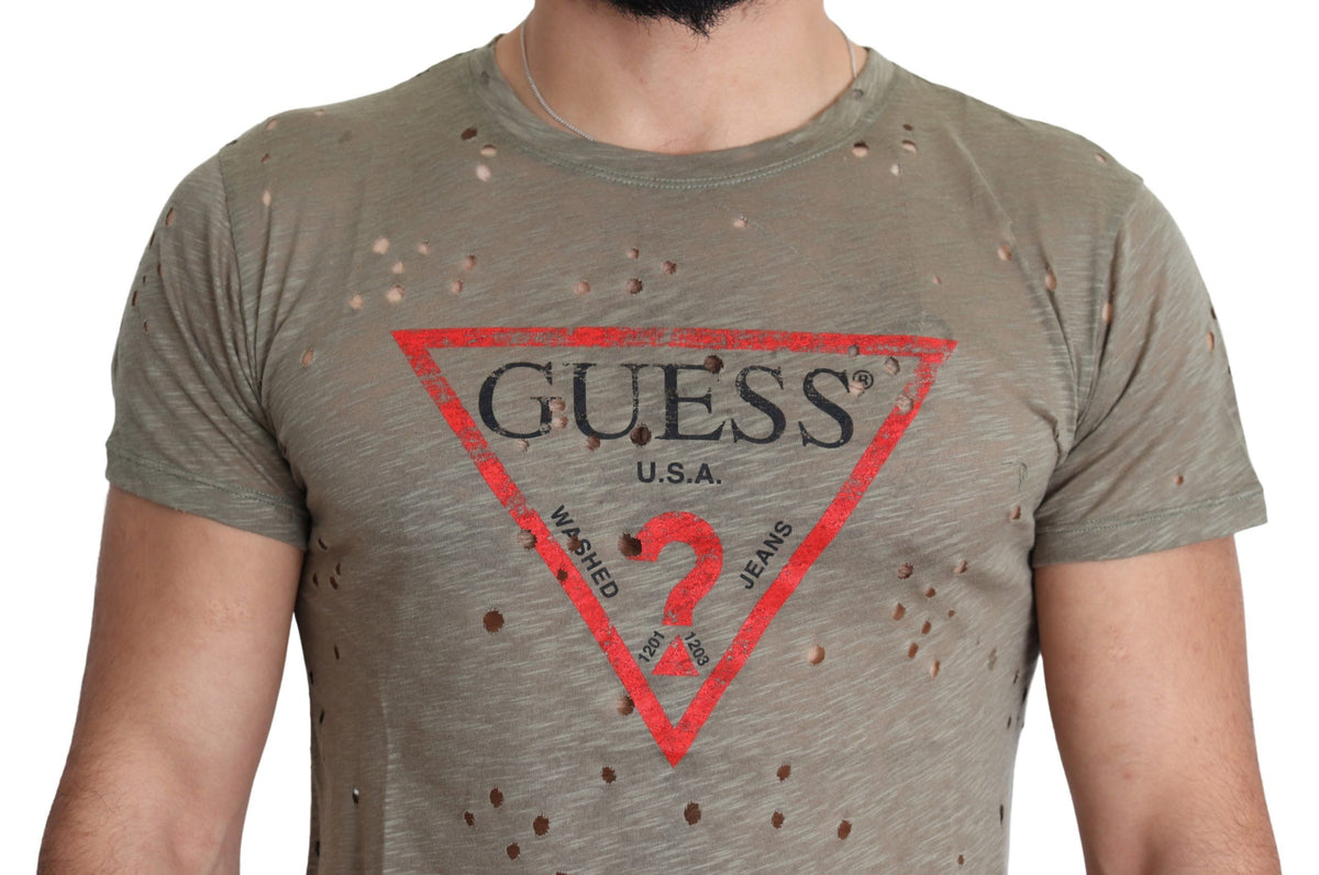 Guess Brown Cotton Stretch Logo Print Men Casual Perforated T-shirt