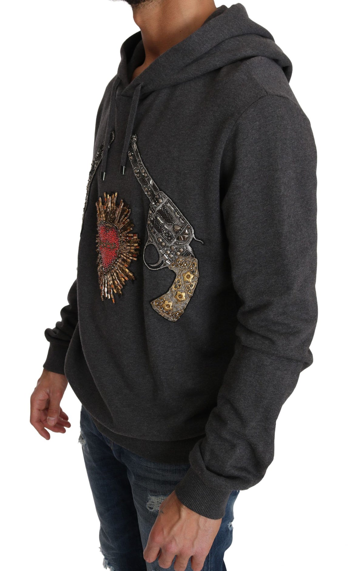Dolce & Gabbana Gray Hooded Red Crystal Heart Gun Sweater