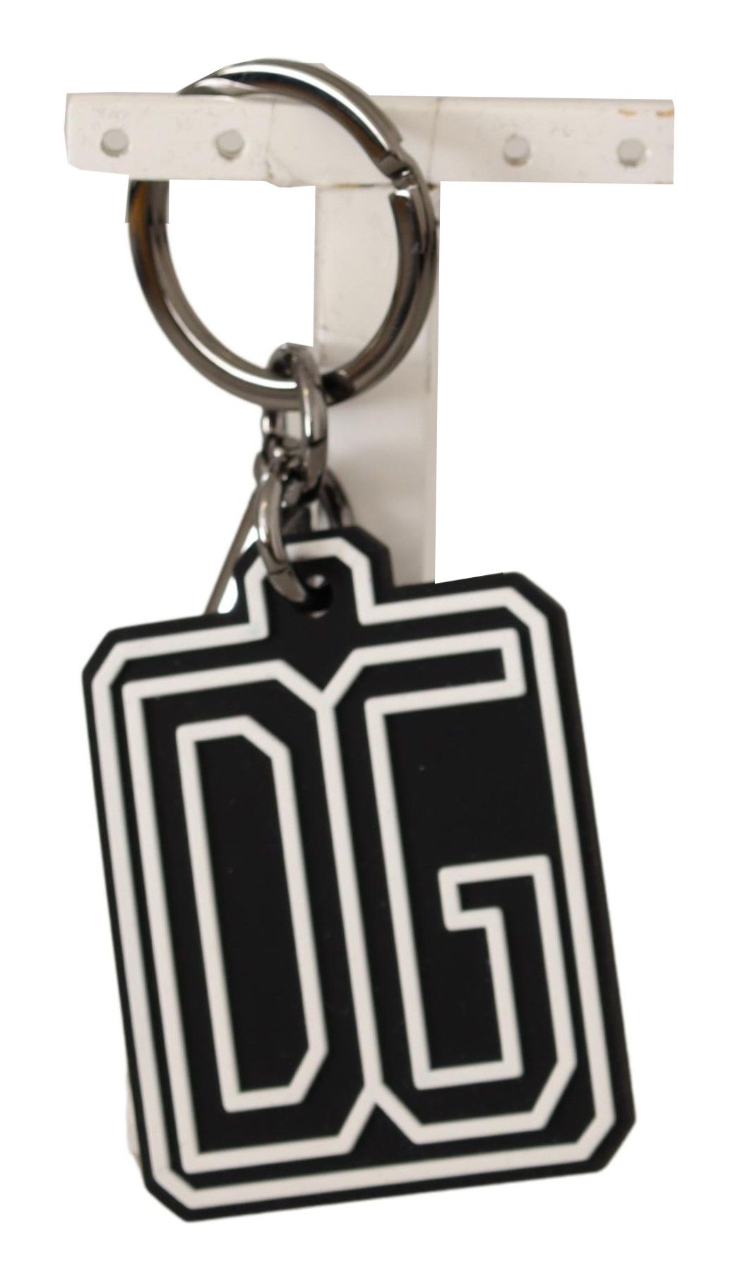 Dolce & Gabbana Black White DG Rubber Logo Silver Ring Keychain