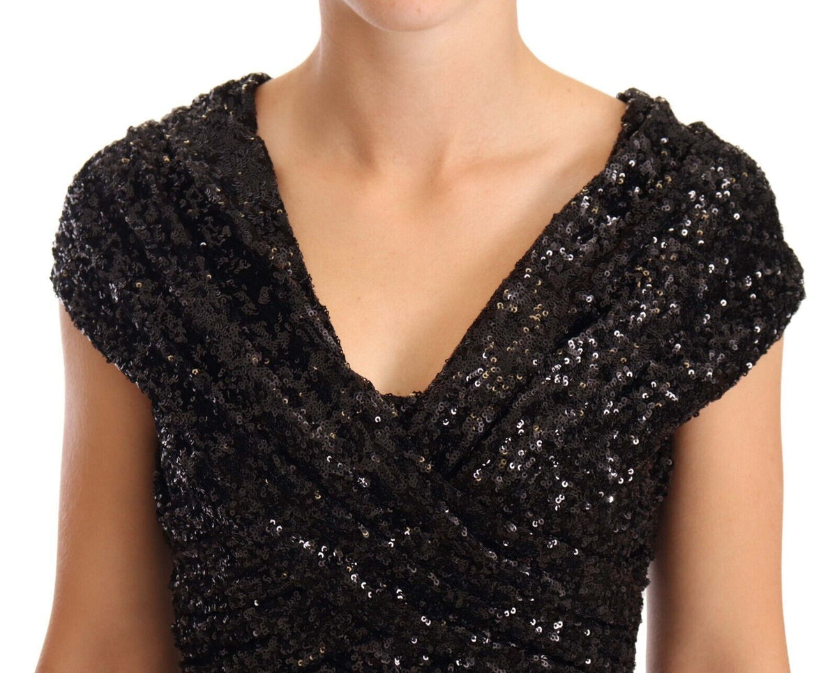 Dolce & Gabbana Black Sequined Open Shoulder Long Gown Dress