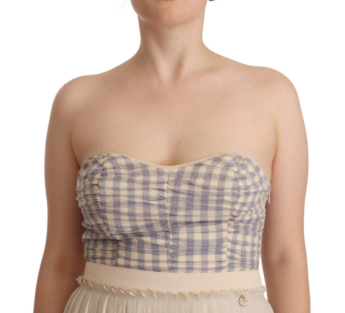 Guess Beige Checkered Pleated A-line Strapless Bustier Dress