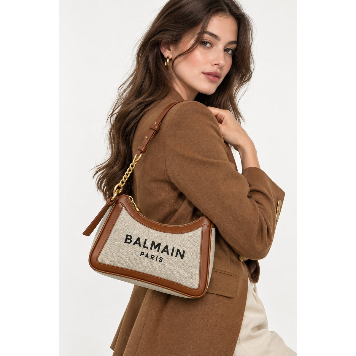 Balmain Beige B-Army Canvas Leather Shoulder Bag