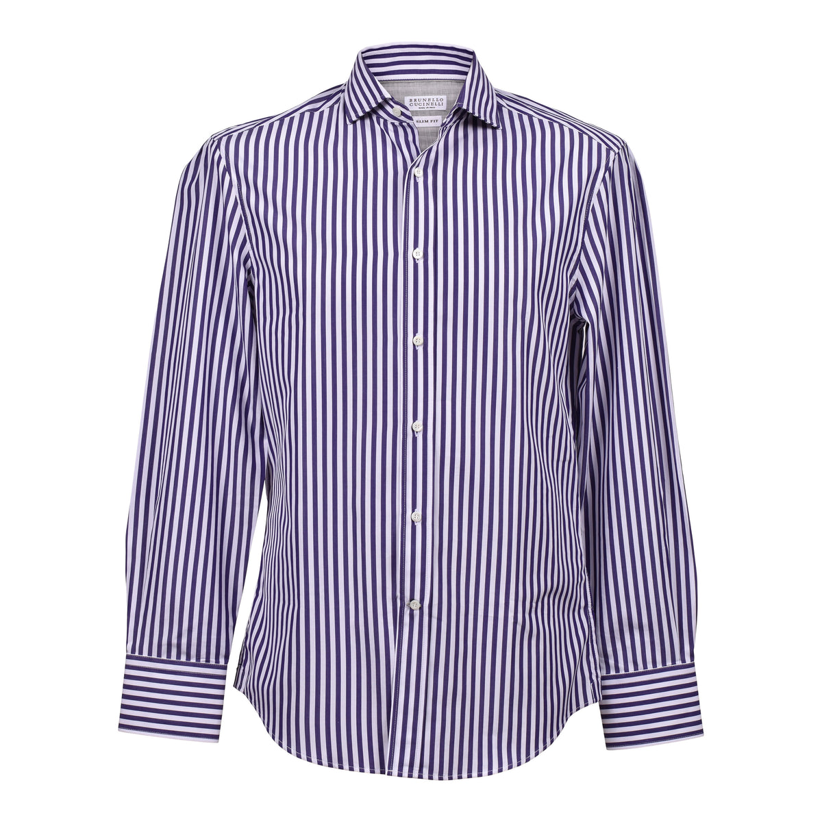 BRUNELLO CUCINELLI MEN'S BLUE STRIPED SLIM FIT COTTON SHIRT