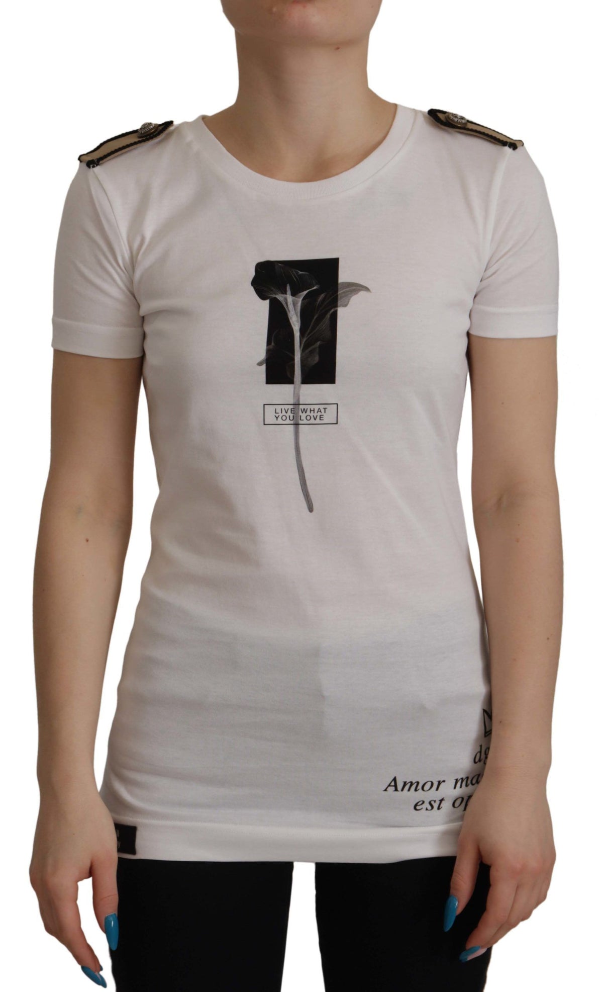 Dolce & Gabbana White Black Roses Crewneck Cotton T-shirt