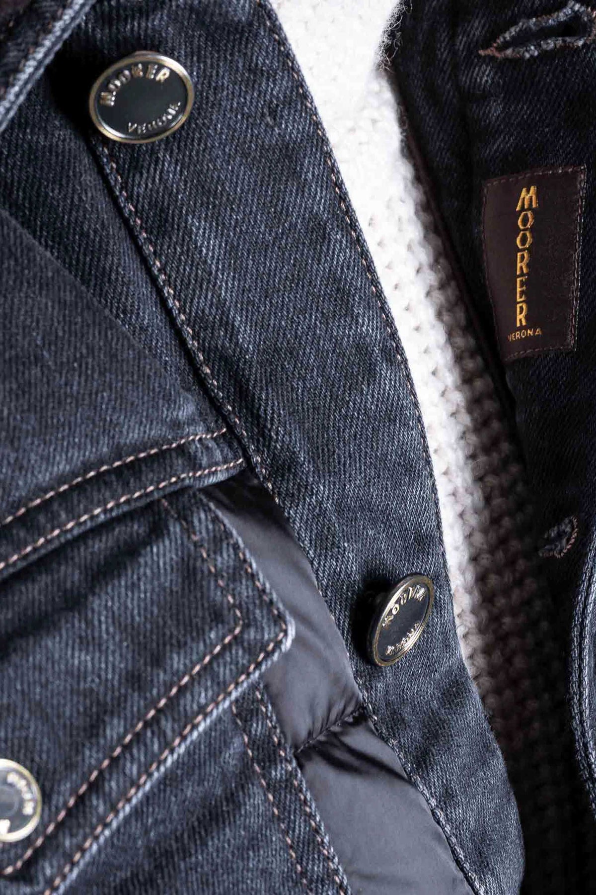 MOORER MEN'S BLACK DENIM PUFFER JACKET