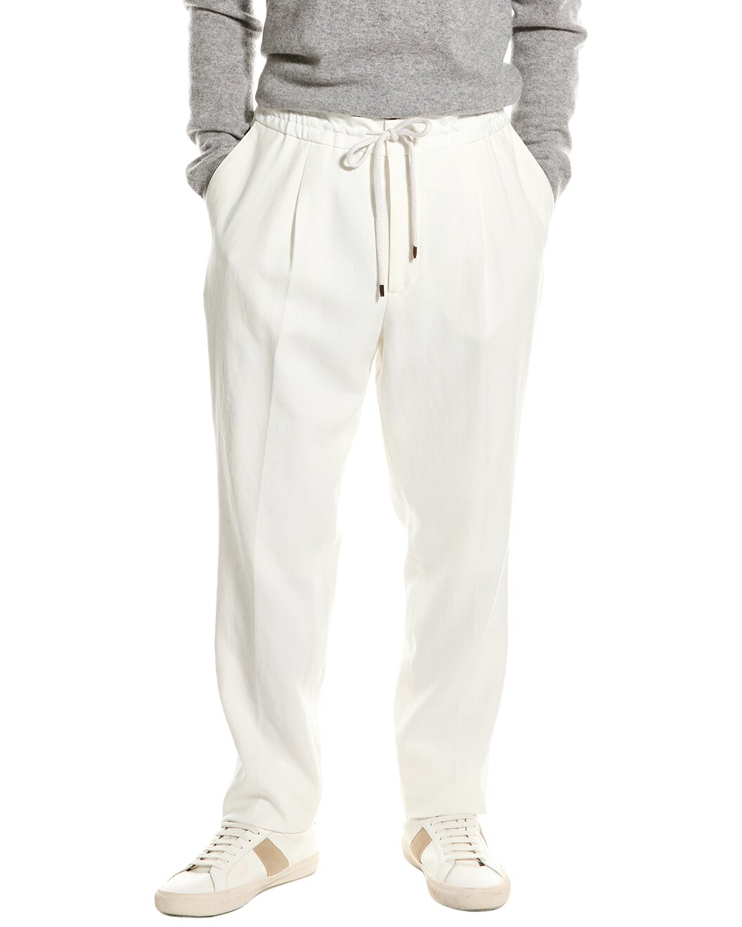 BRUNELLO CUCINELLI MEN'S CREAM PLEATED DRAWSTRING TROUSERS