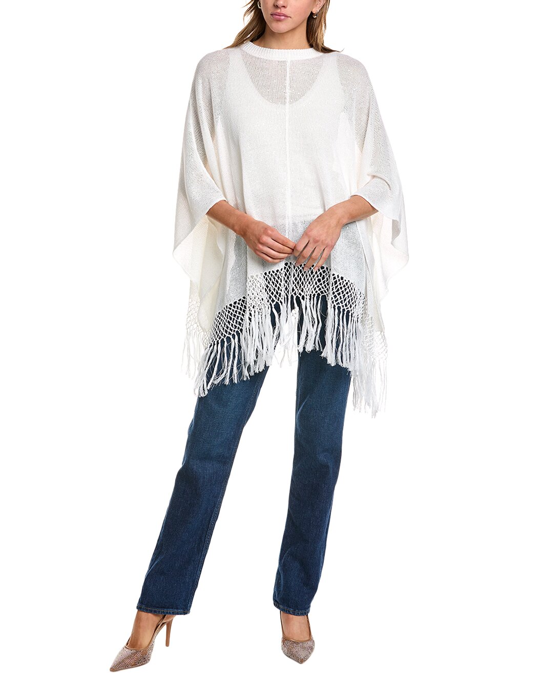 BRUNELLO CUCINELLI WOMEN'S WHITE LINEN SILK PONCHO SWEATER