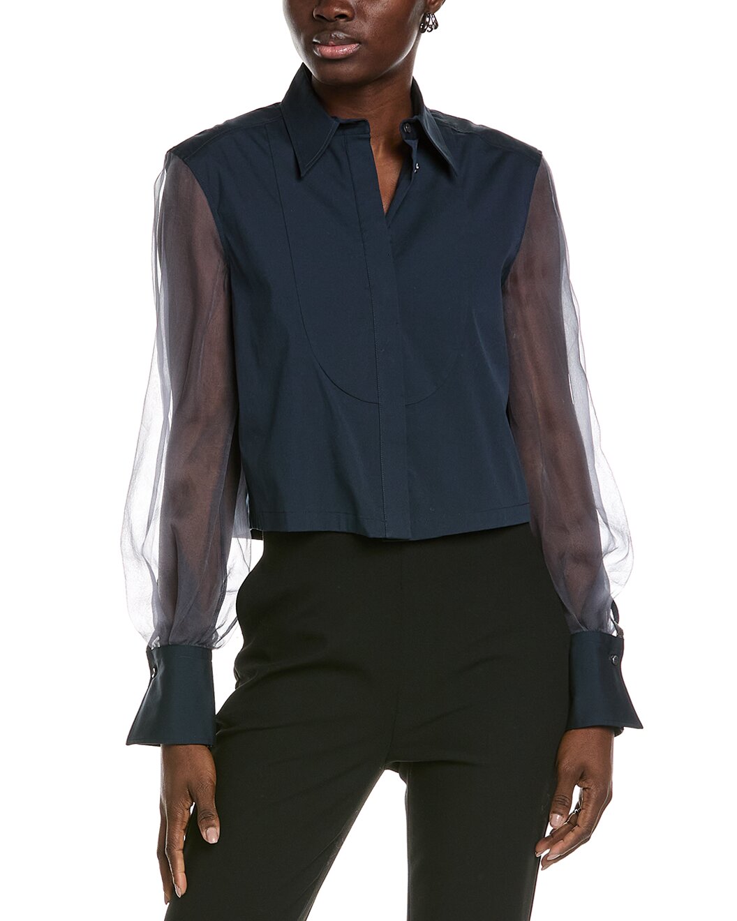 BRUNELLO CUCINELLI WOMEN'S NAVY SHIRT WITH SHEER SLEEVES