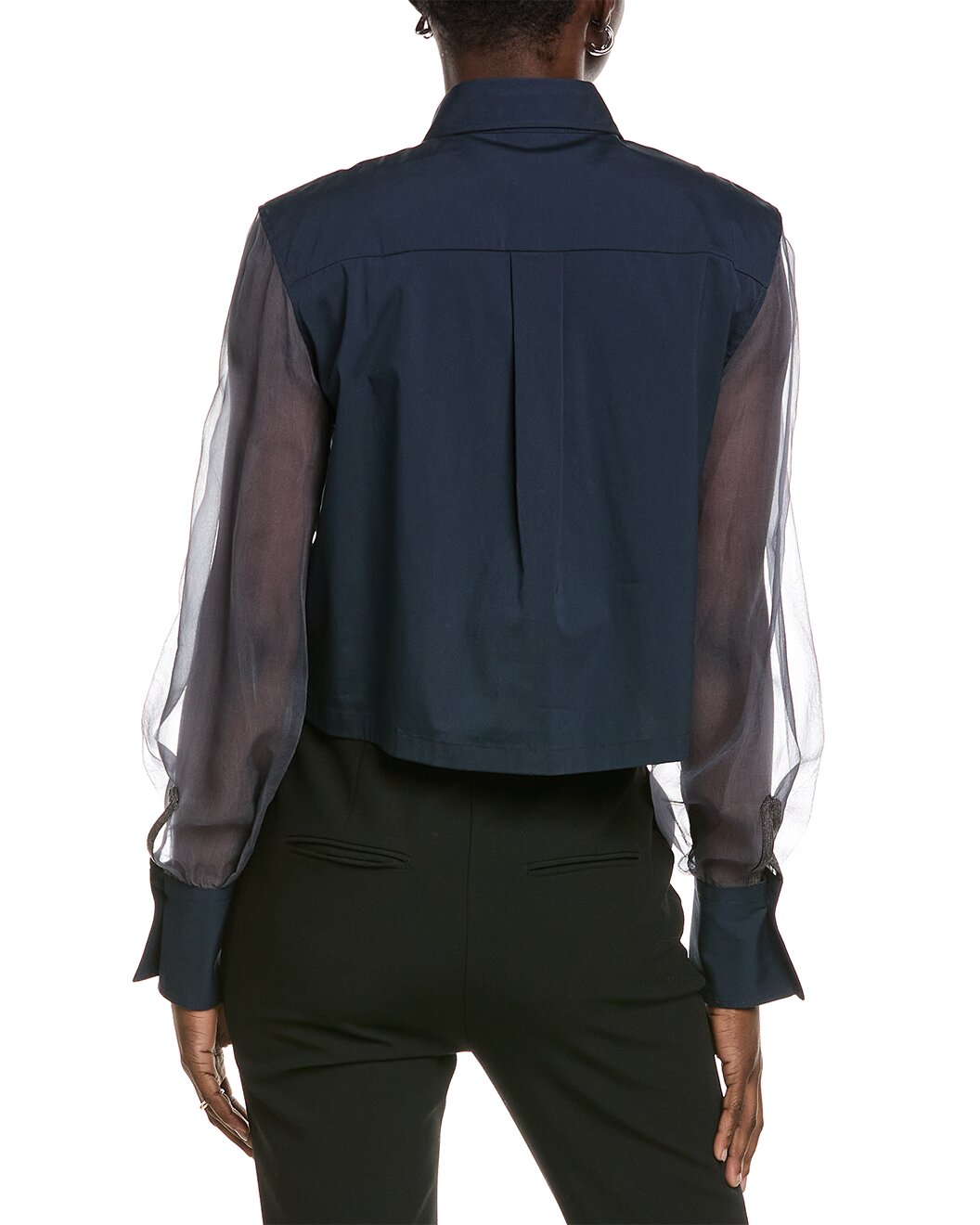 BRUNELLO CUCINELLI WOMEN'S NAVY SHIRT WITH SHEER SLEEVES