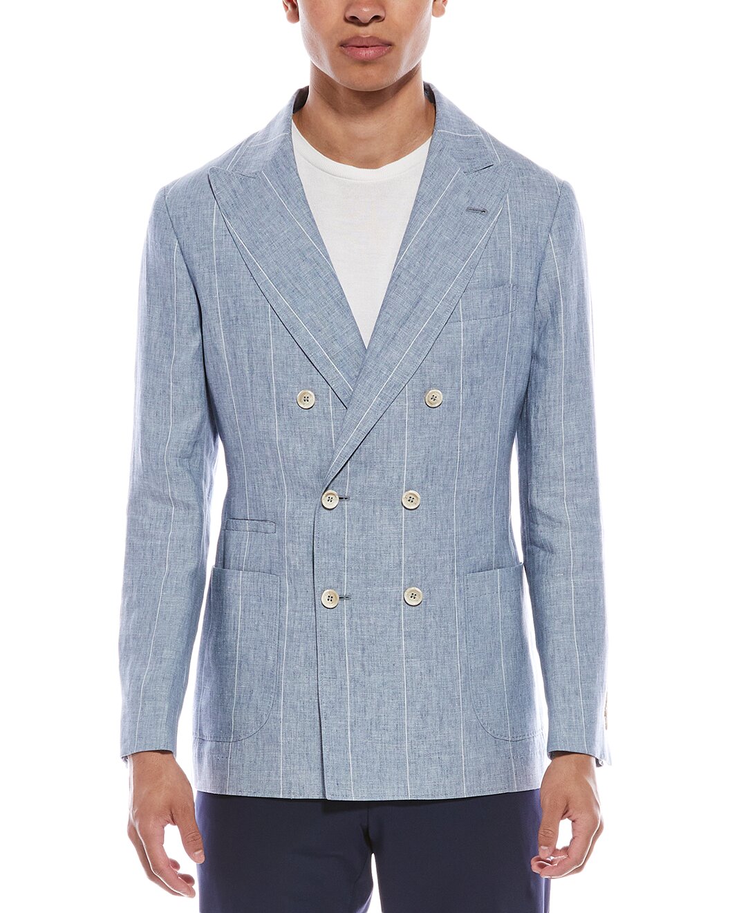 BRUNELLO CUCINELLI MEN'S CELESTE LINEN DOUBLE BREASTED BLAZER