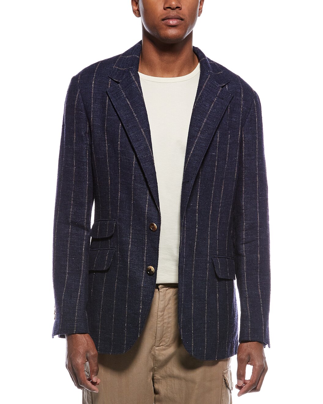 BRUNELLO CUCINELLI MEN'S BLUE WOOL BLEND STRIPED BLAZER