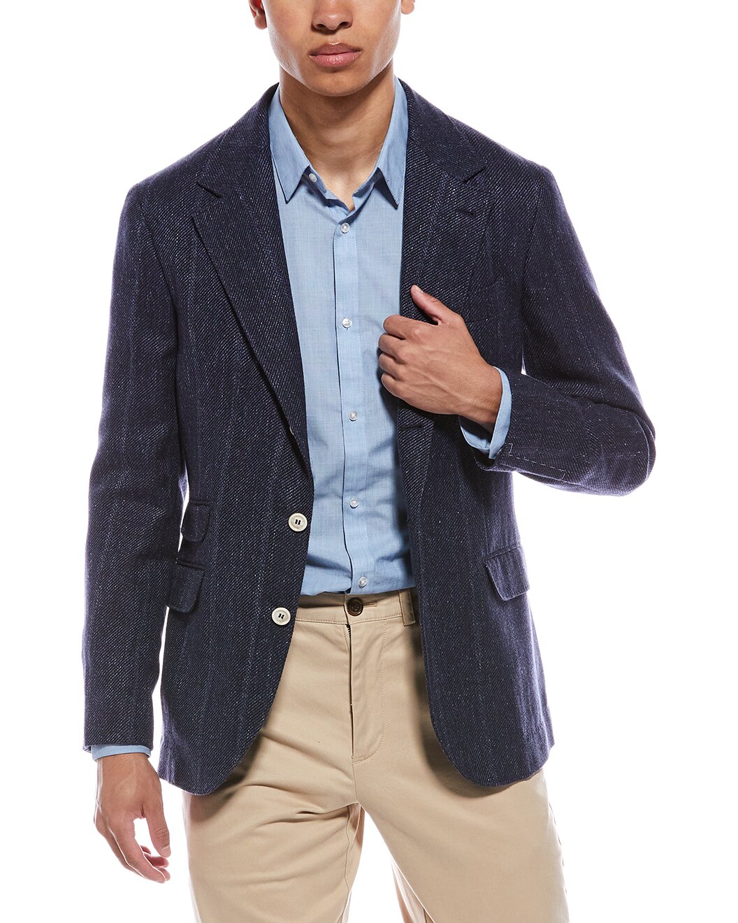 BRUNELLO CUCINELLI MEN'S NAVY LINEN SILK BLAZER
