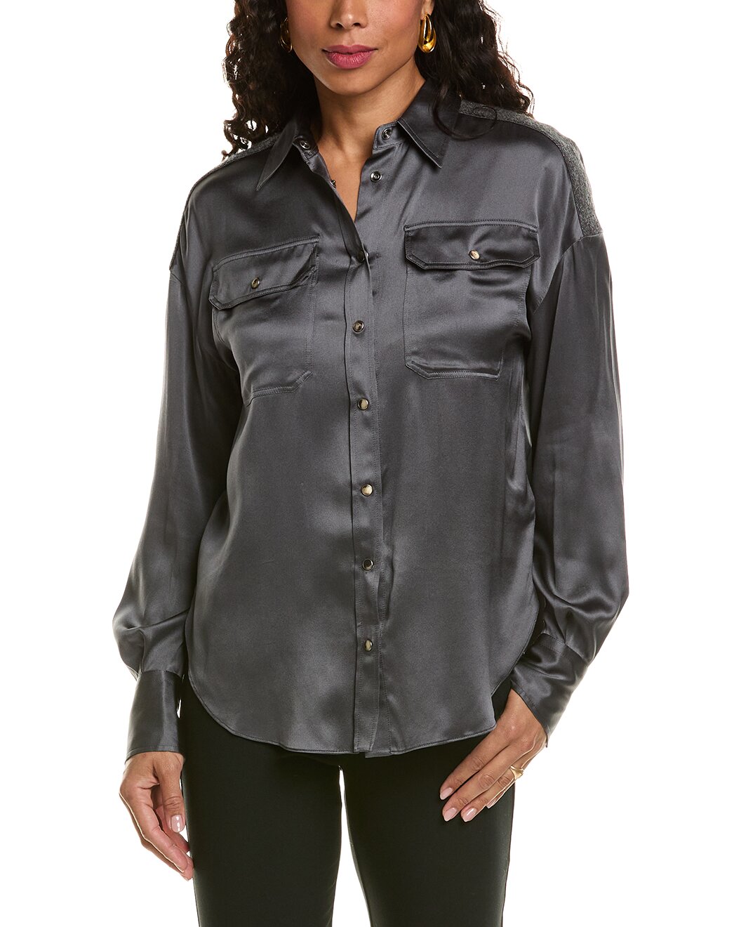 BRUNELLO CUCINELLI WOMEN'S CHARCOAL SILK RELAXED SHIRT