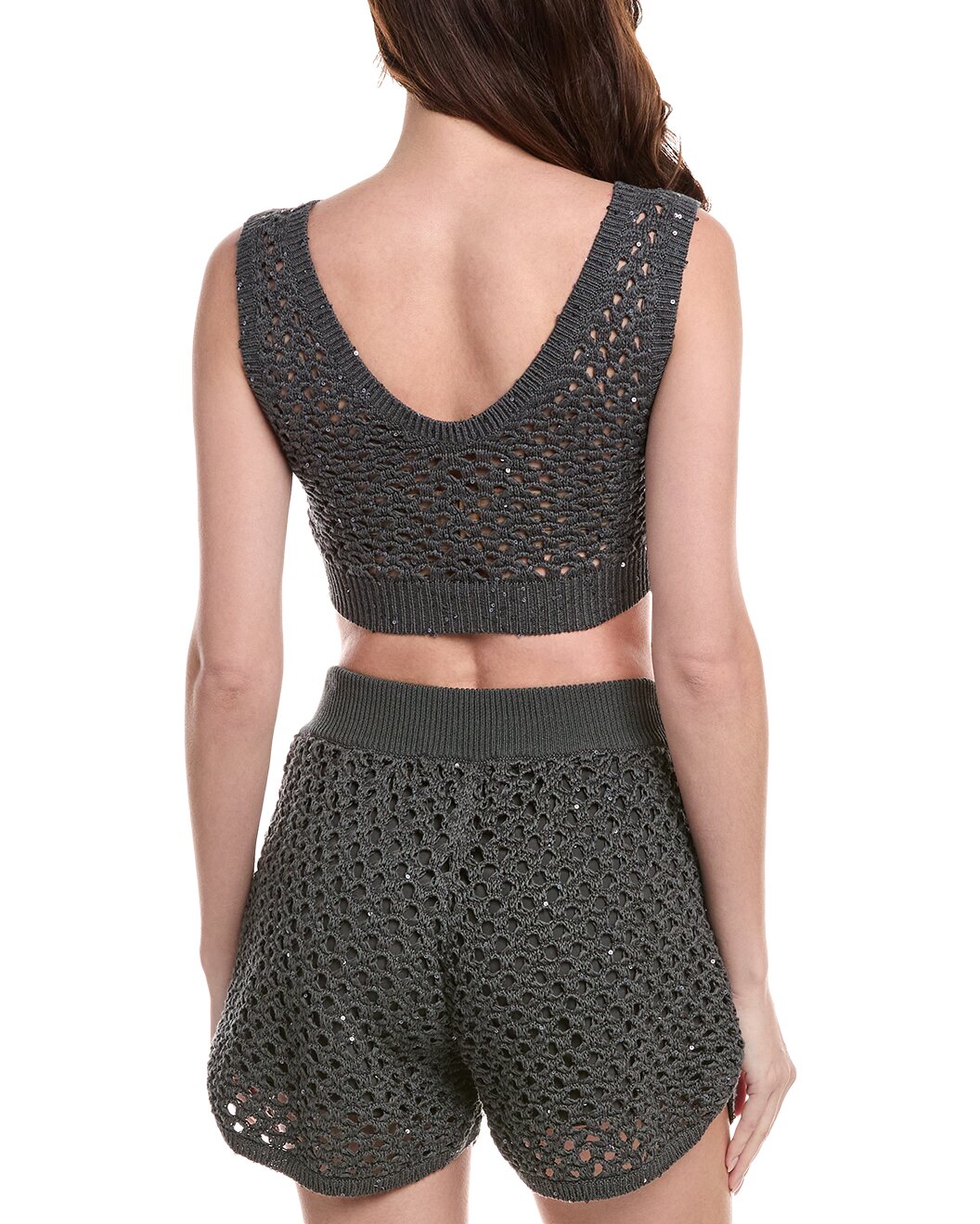 BRUNELLO CUCINELLI WOMEN'S CHARCOAL CROCHET KNIT CROP TOP