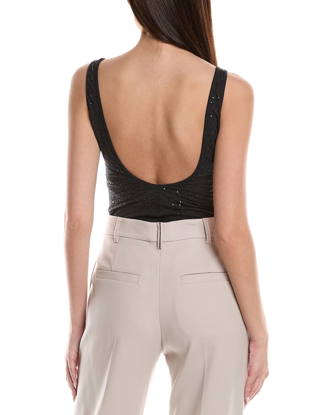 BRUNELLO CUCINELLI WOMEN'S ANTHRACITE SEQUIN SCOOP NECK BODYSUIT