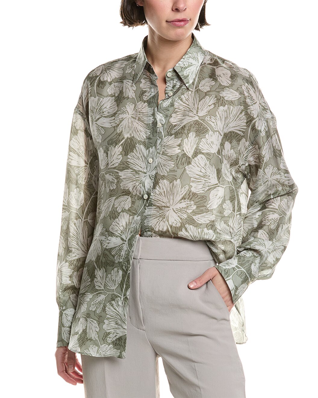 BRUNELLO CUCINELLI WOMEN'S GREEN SILK FLORAL SHIRT