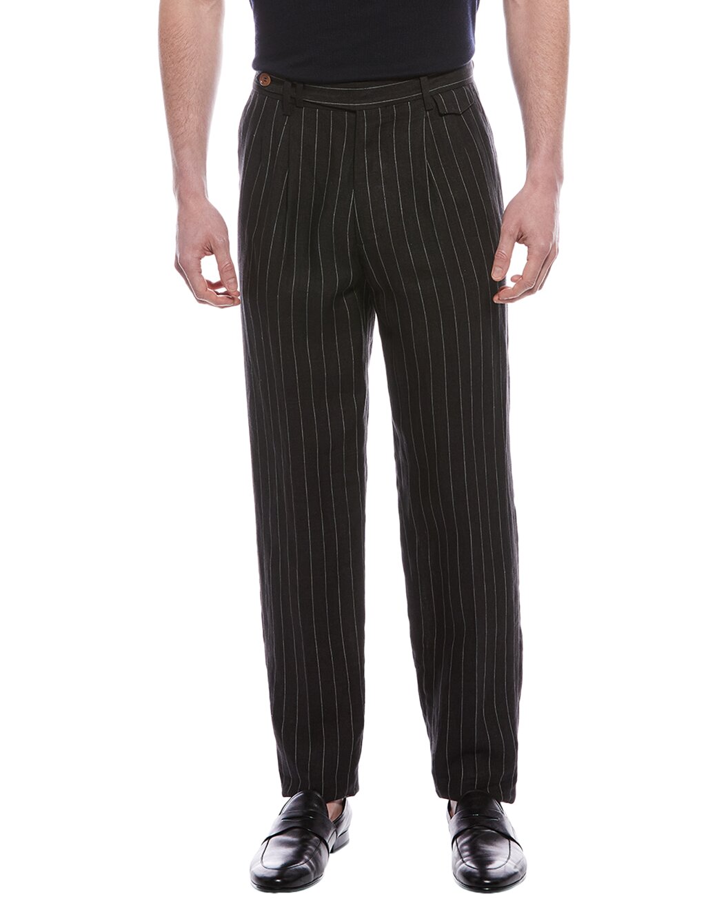 BRUNELLO CUCINELLI MEN'S BLACK PINSTRIPE TAILORED TROUSERS