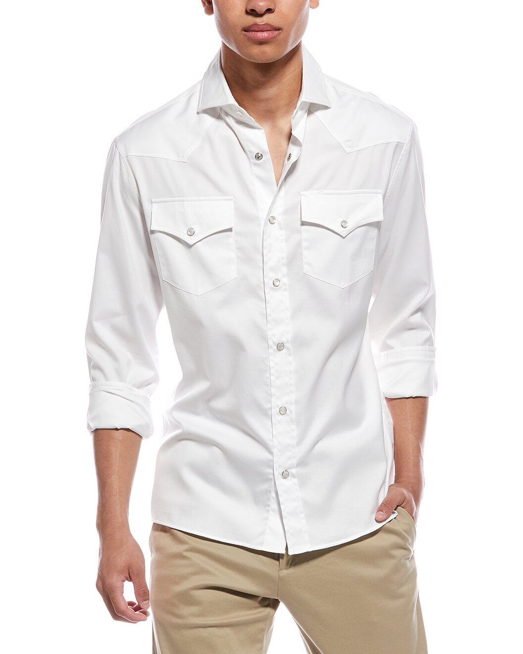 BRUNELLO CUCINELLI MEN'S WHITE COTTON WESTERN SHIRT
