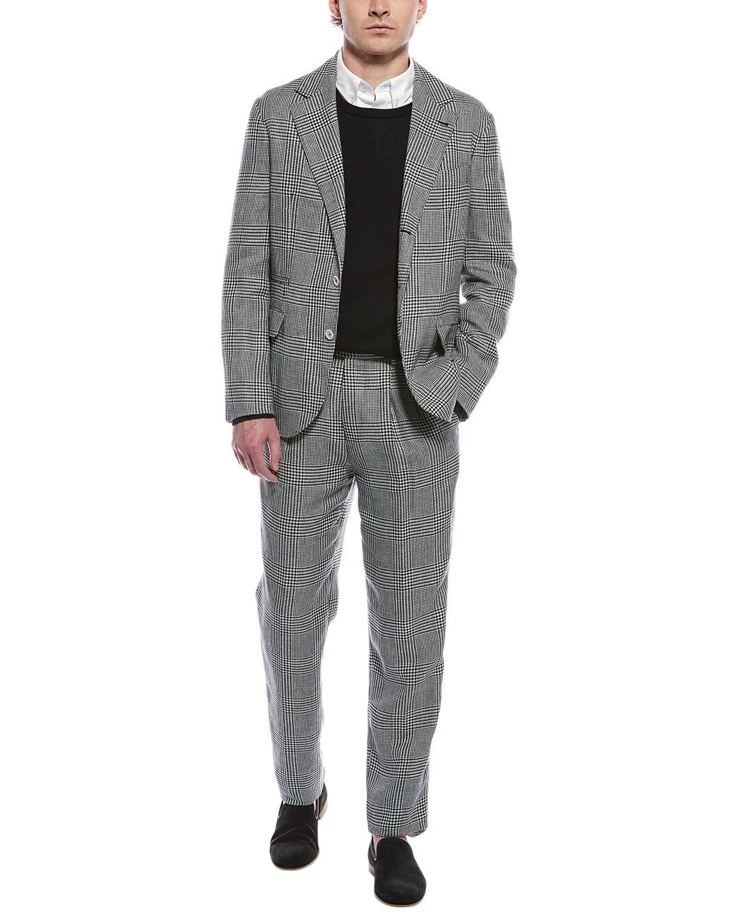 BRUNELLO CUCINELLI MEN'S GRAY WOOL LINEN PLAID SUIT