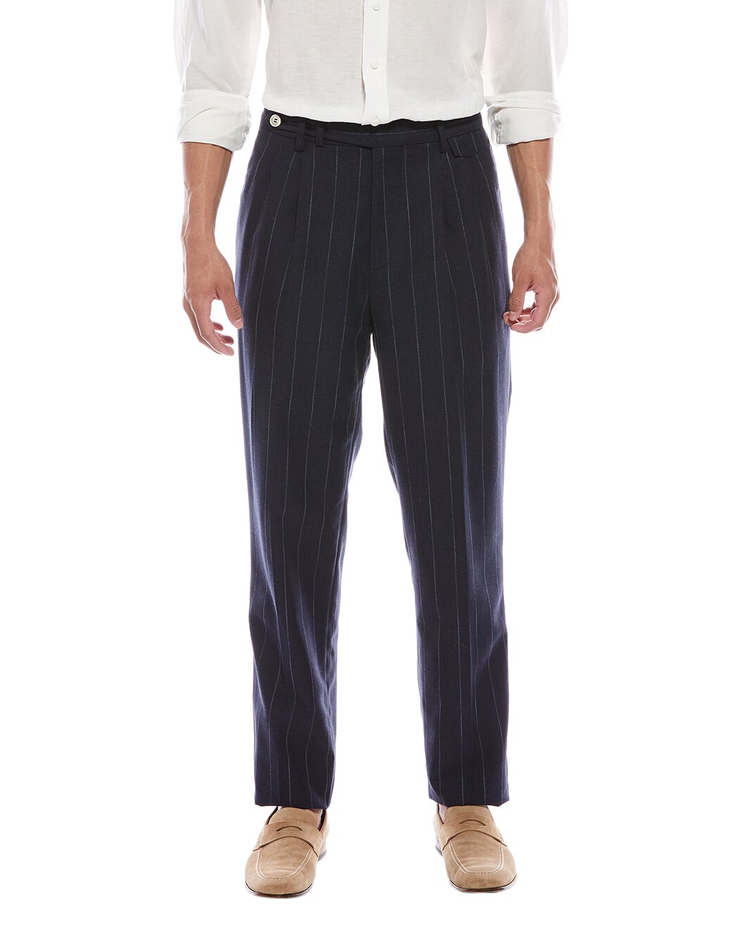 BRUNELLO CUCINELLI MEN'S NAVY WOOL PINSTRIPE TROUSERS
