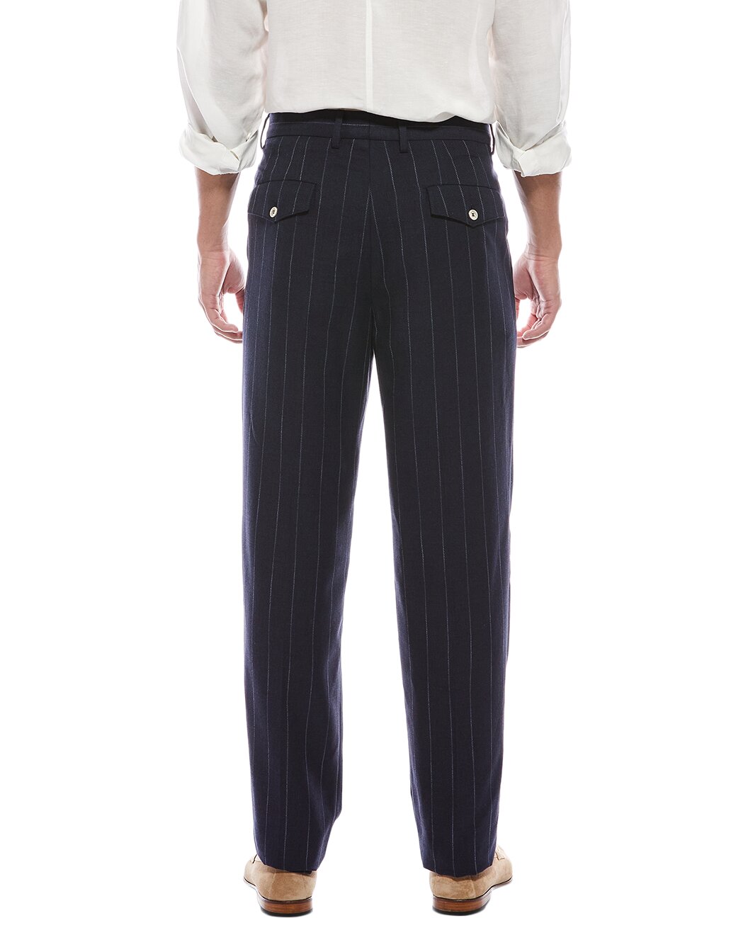 BRUNELLO CUCINELLI MEN'S NAVY WOOL PINSTRIPE TROUSERS