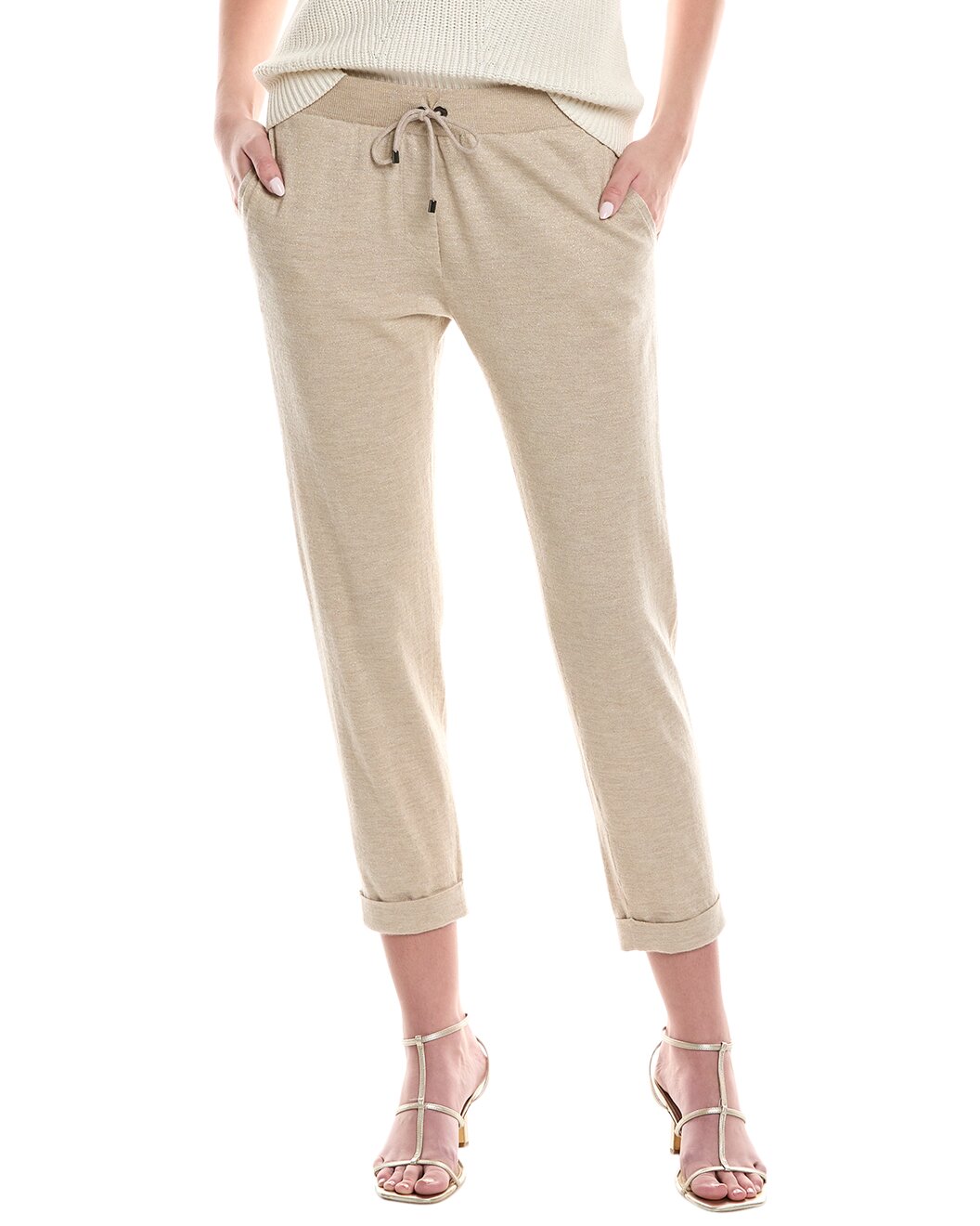 BRUNELLO CUCINELLI WOMEN'S BEIGE CROPPED DRAWSTRING TROUSERS