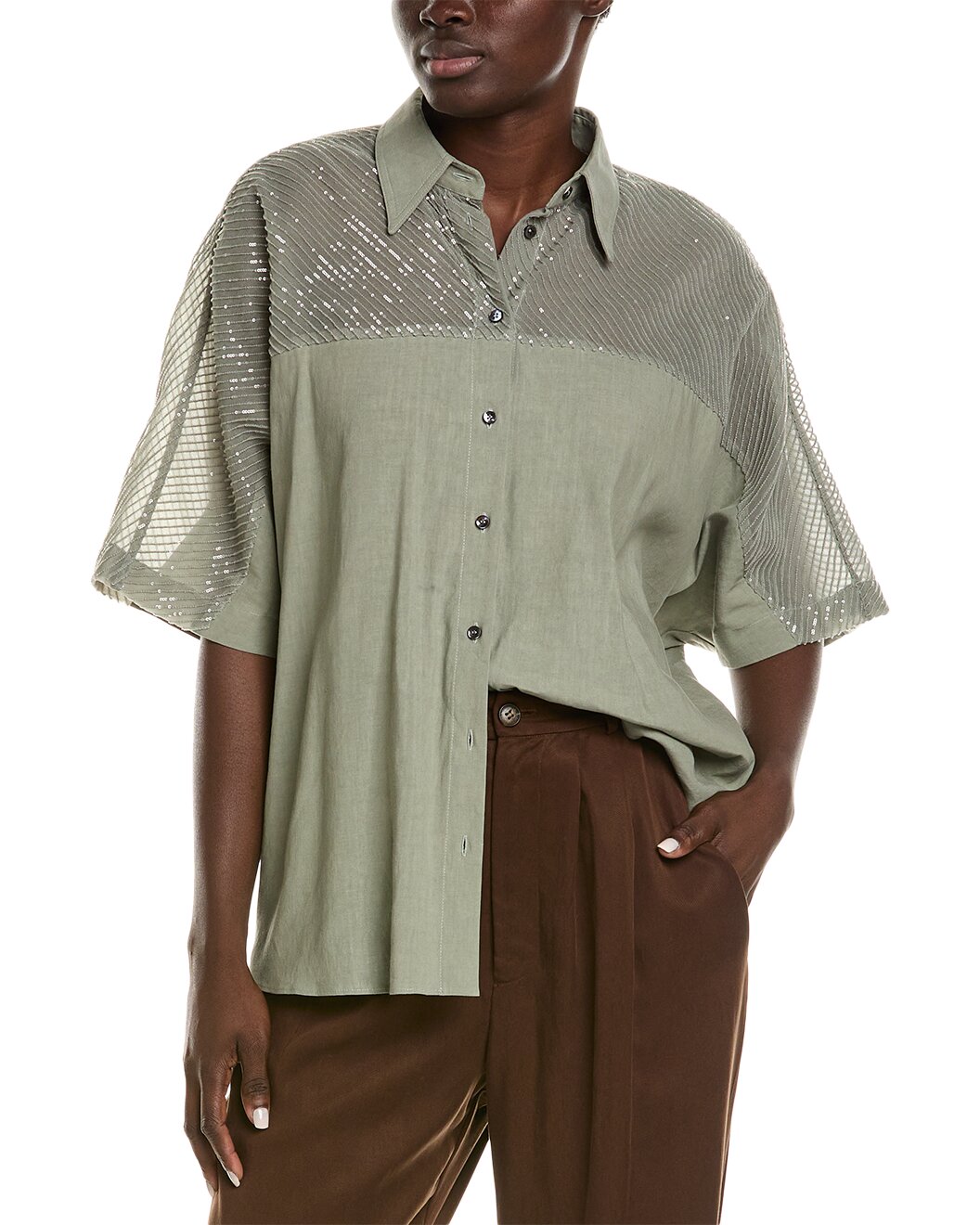 BRUNELLO CUCINELLI WOMEN'S SAGE LINEN OVERSIZED SHIRT