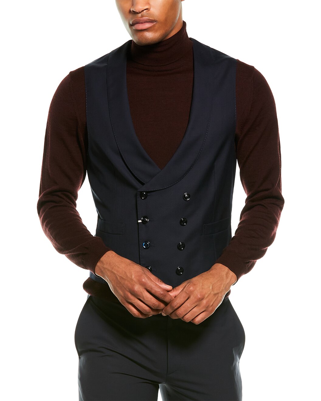 BRUNELLO CUCINELLI MEN'S NAVY WOOL SILK DOUBLE BREASTED VEST