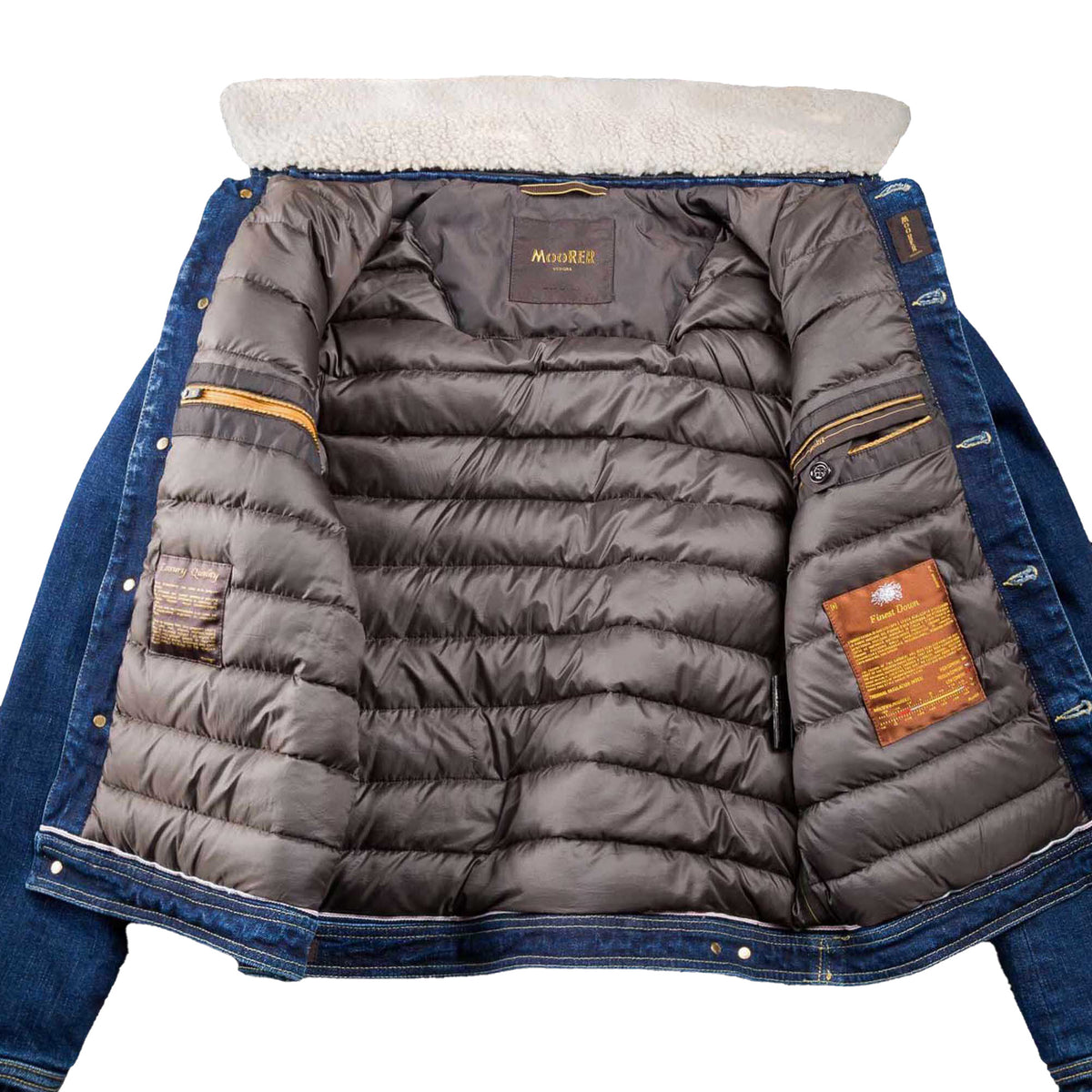 MOORER MEN'S BLUE DENIM JACKET WITH SHEARLING COLLAR