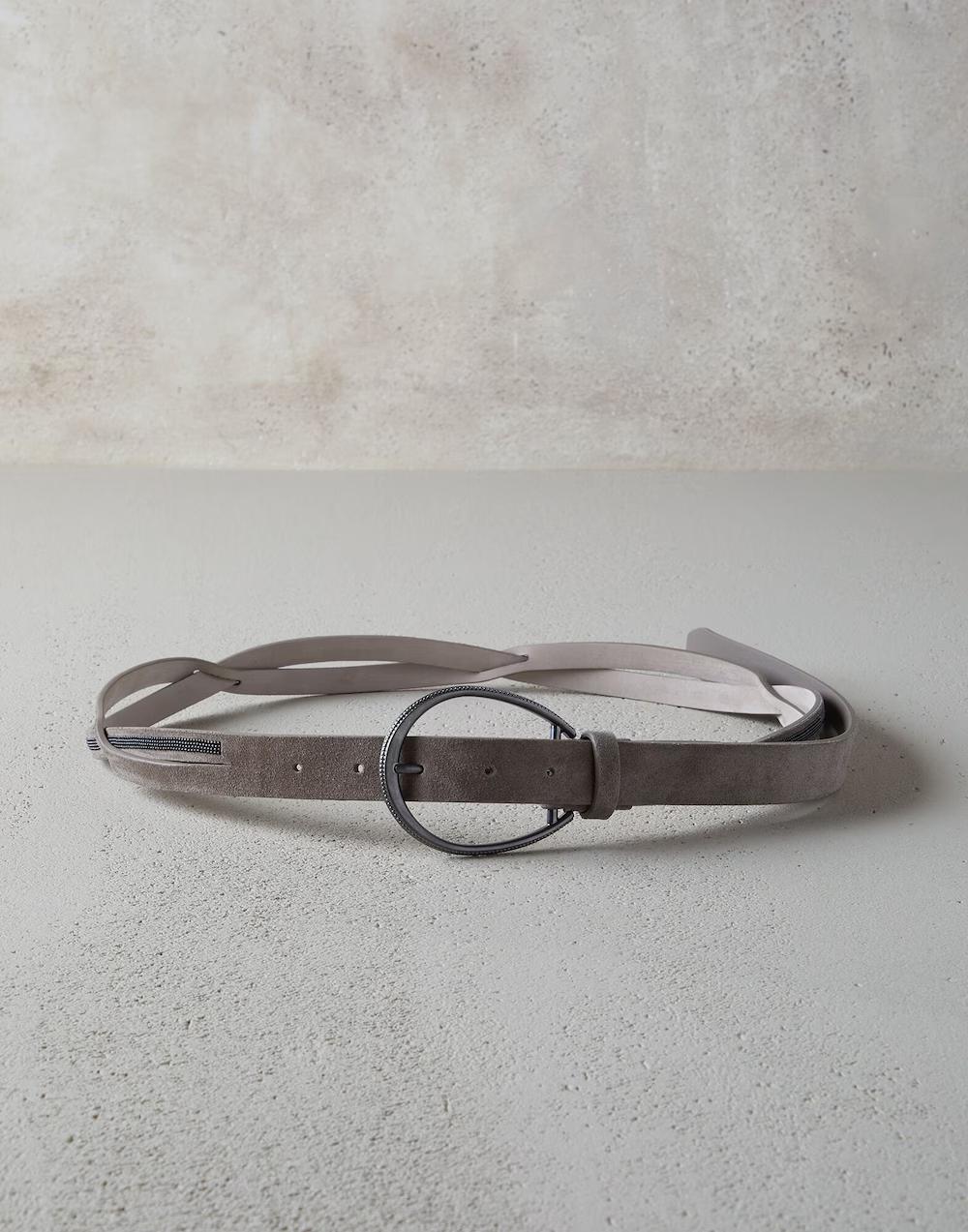 BRUNELLO CUCINELLI WOMEN'S ICE GREY SUEDE BELT OVAL BUCKLE