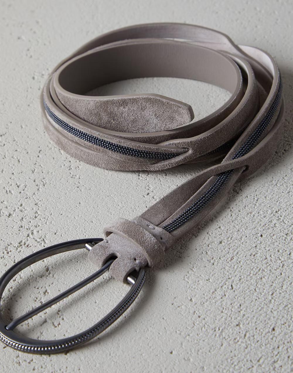 BRUNELLO CUCINELLI WOMEN'S ICE GREY SUEDE BELT OVAL BUCKLE