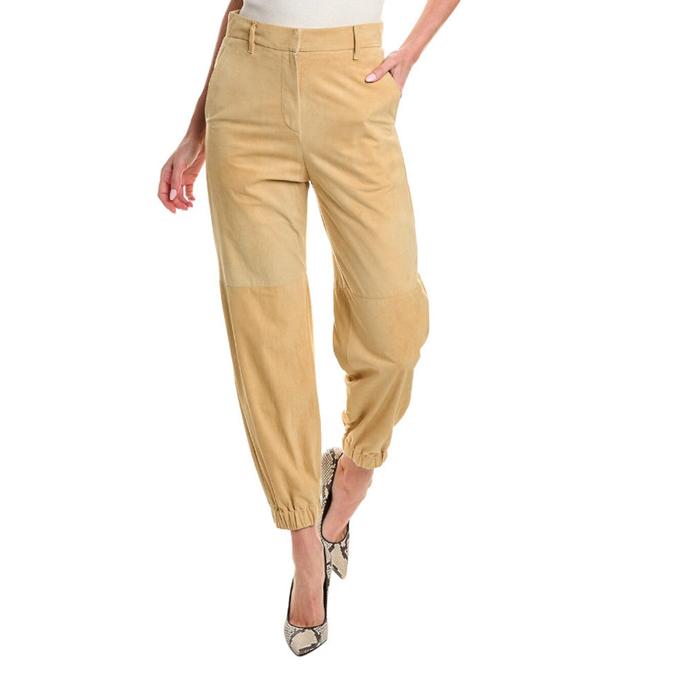 BRUNELLO CUCINELLI WOMEN'S STRAW LEATHER TAPERED TROUSERS